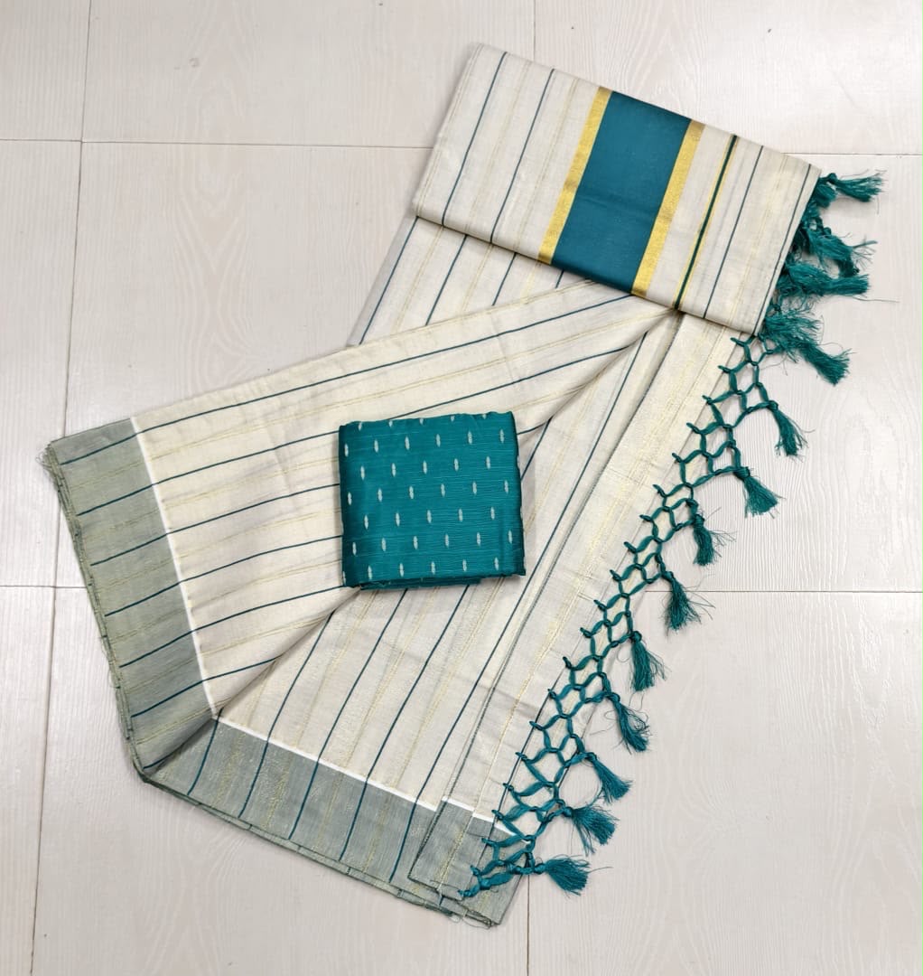 Teal Vertical Striped Tissue Cotton Kerala Saree With Matching Blouse
