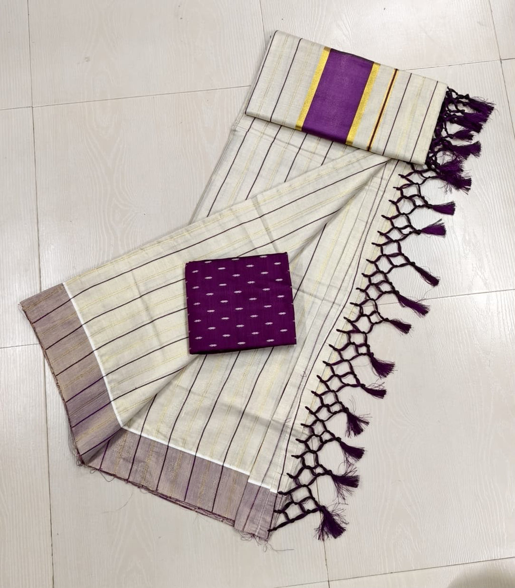 Purple Vertical Striped Tissue Cotton Kerala Saree With Matching Blouse