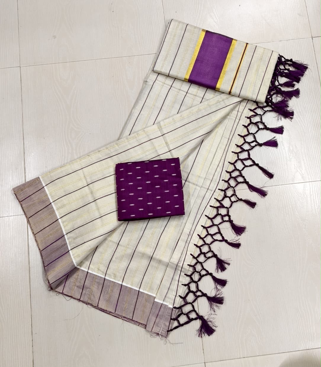 Purple Vertical Striped Tissue Cotton Kerala Saree With Matching Blouse