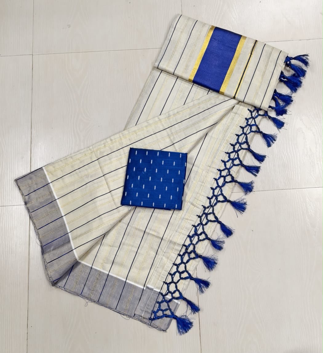 Blue Vertical Striped Tissue Cotton Kerala Saree With Matching Blouse