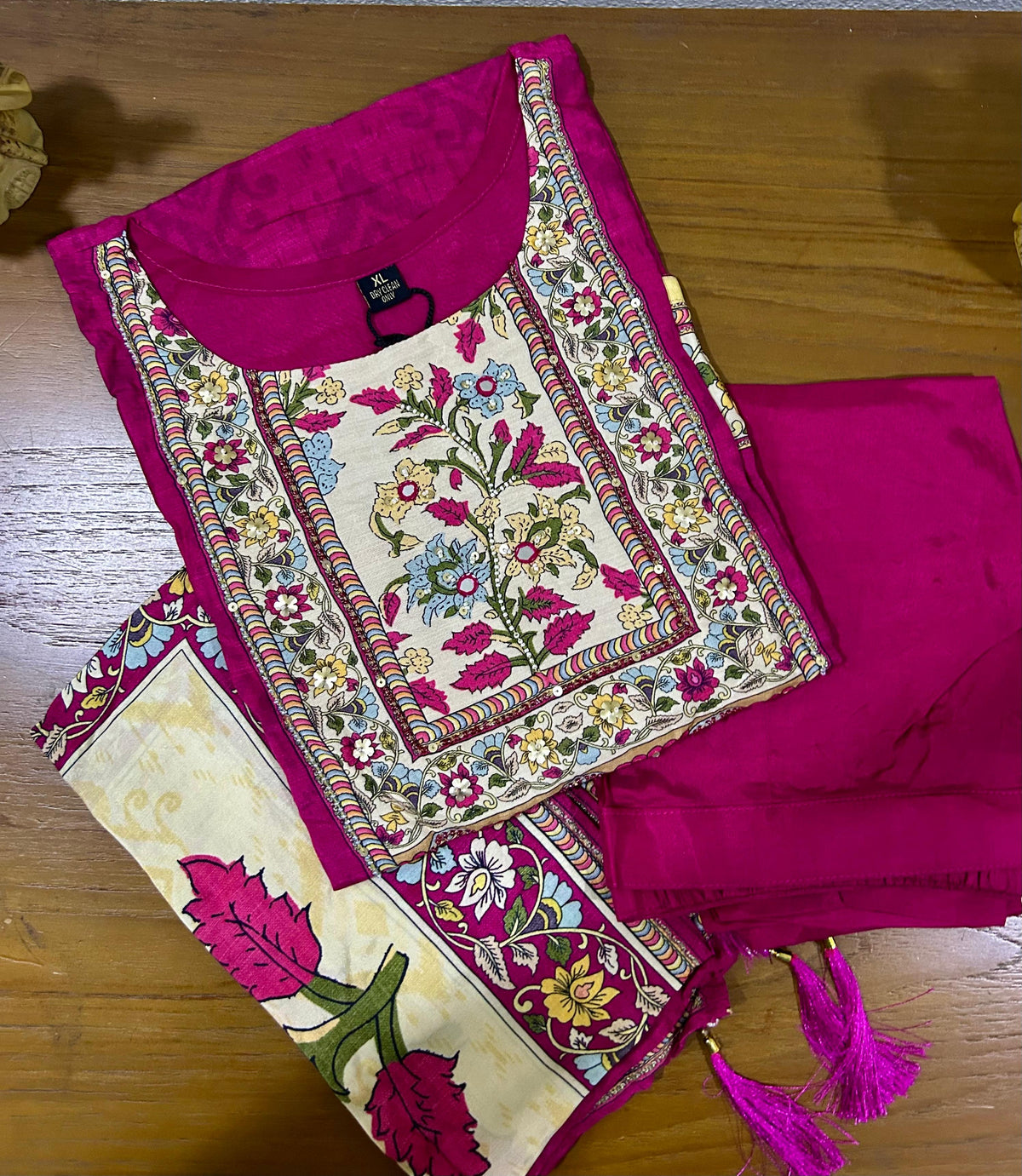 Rani Printed Embroidered Butter Muslin Kurti Set with Dupatta