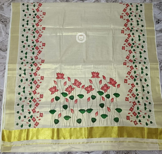 Kerala Tissue Cotton Saree with Zari Border & Water Lily Floral Print