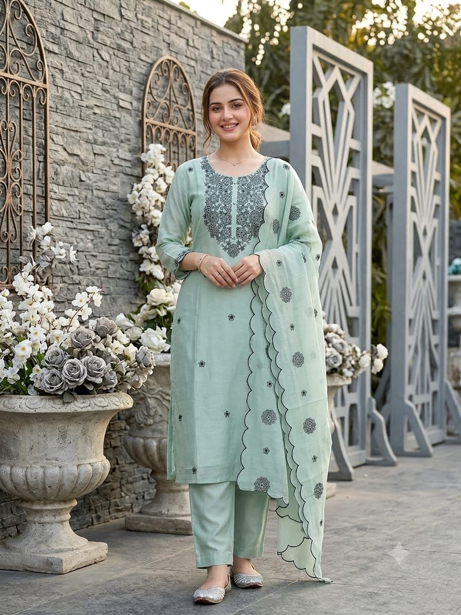 Mul Chanderi Embroidered Kurti With Palazzo and Dupatta