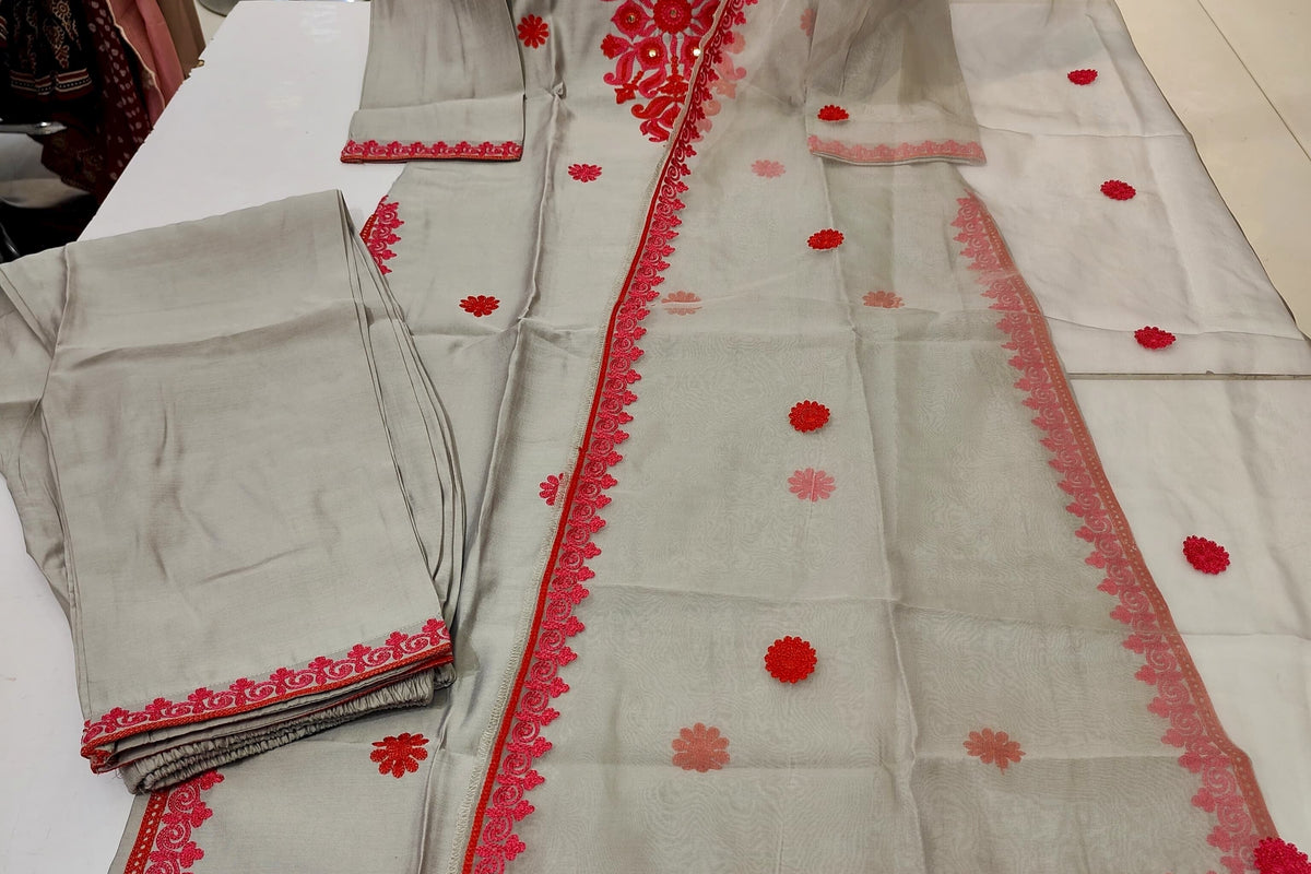 Roman Silk Embroidered With Mirror worked Kurti With Palazzo and Dupatta