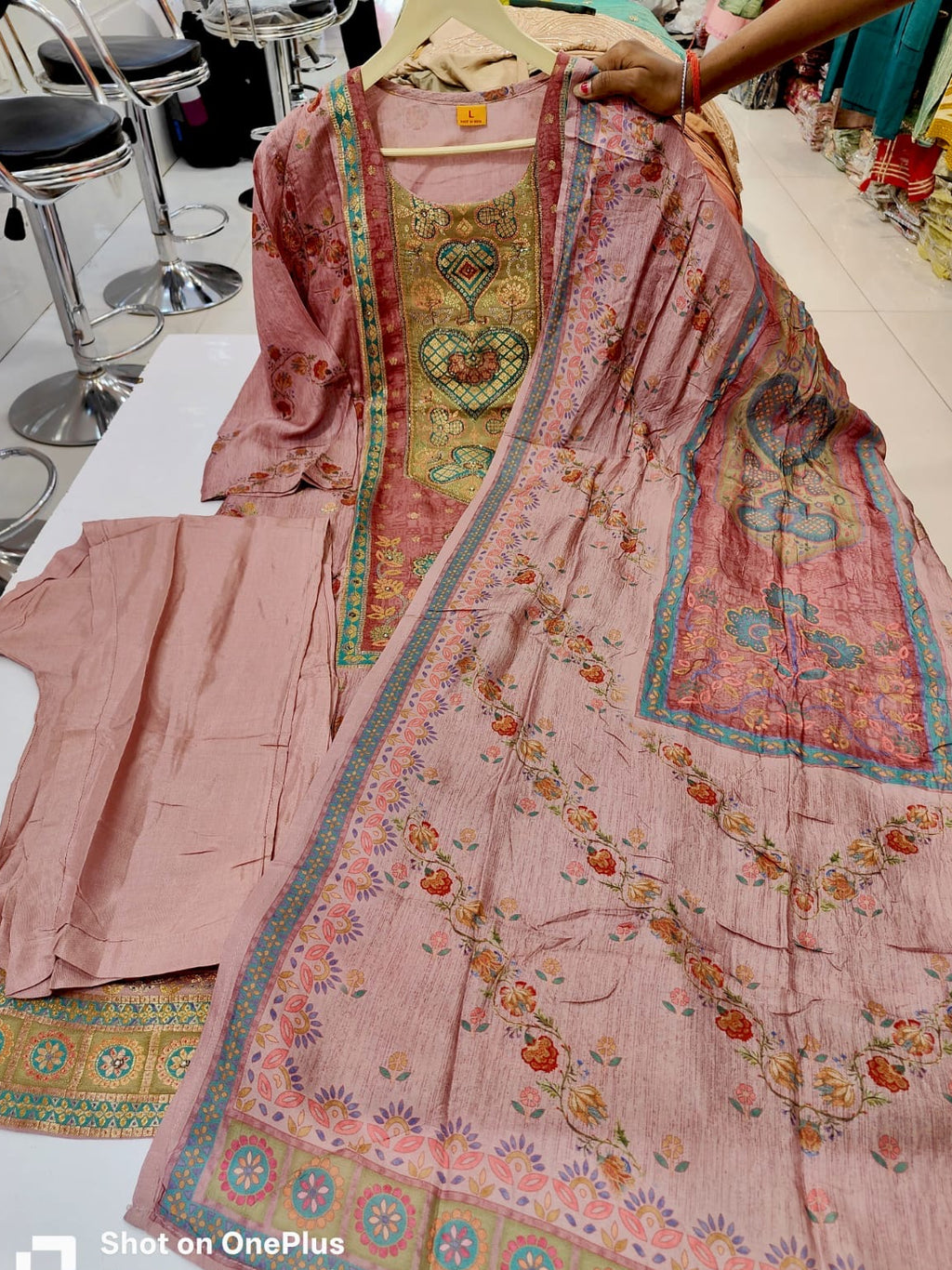Position Printed Wine Pure Dola Silk with Beads work Kurti with Pants & Dupatta