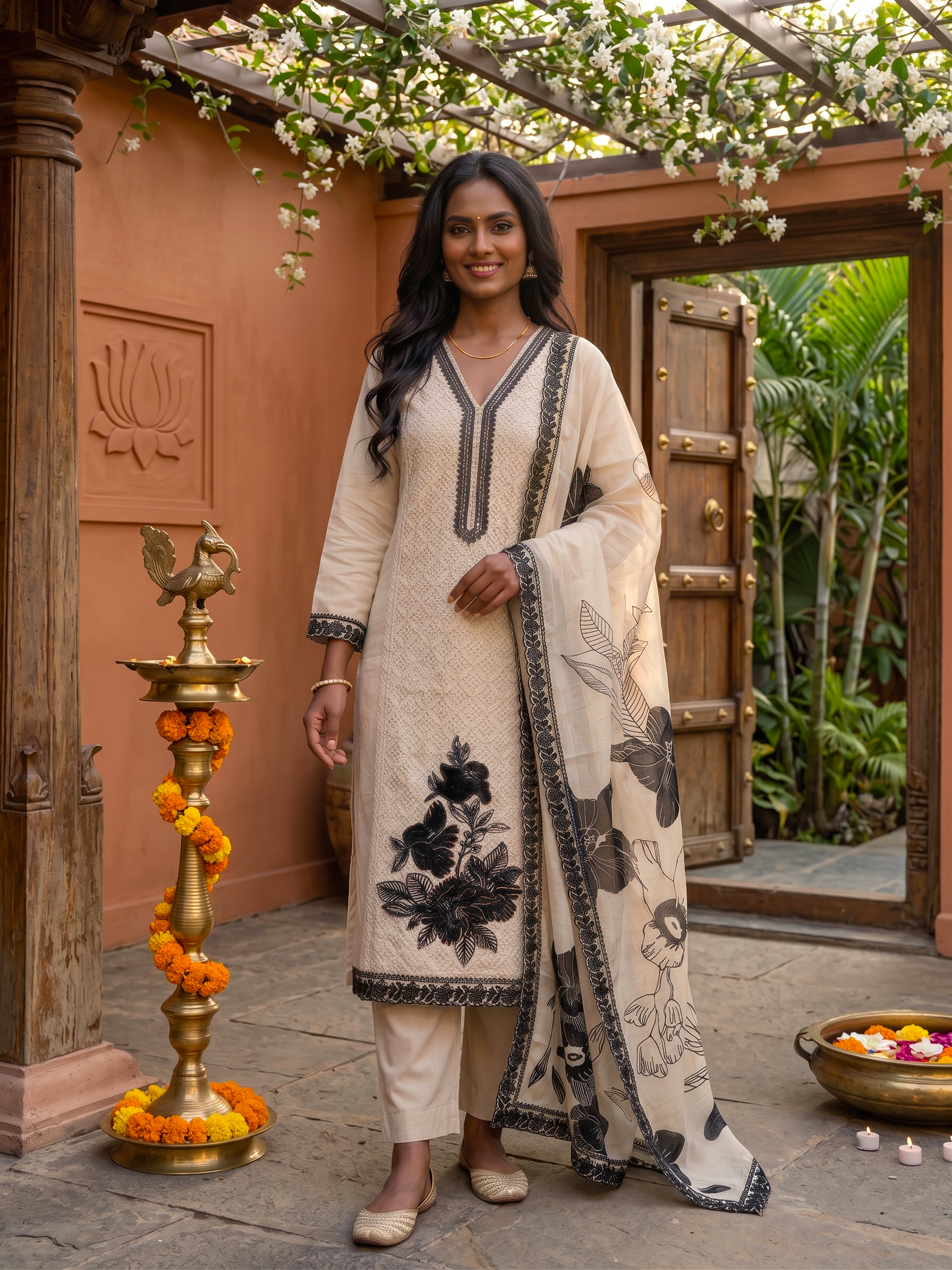 Embroidered Solid Off White Kurti Palazzo with Digital Printed Musleen Dupatta