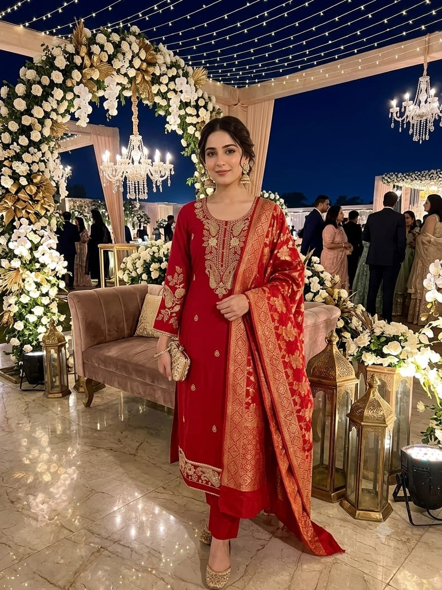 Solid Red Embroidered Roman silk Kurti Palazzo With Banarasi Dupatta