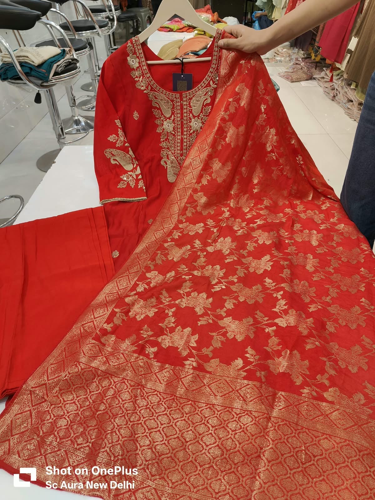 Solid Red Embroidered Roman silk Kurti Palazzo With Banarasi Dupatta
