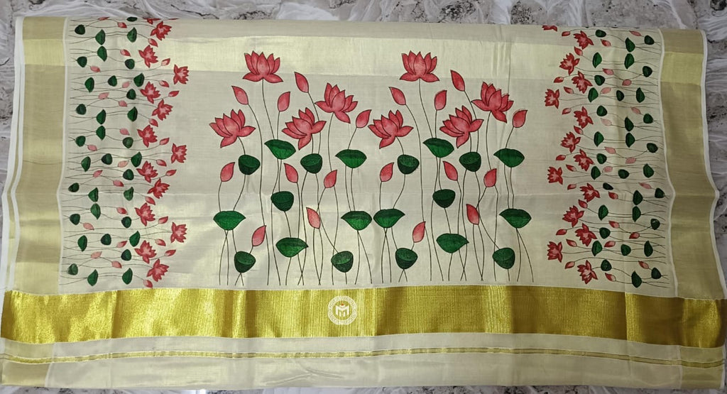 Kerala Tissue Cotton Saree with Zari Border & Water Lily Floral Print
