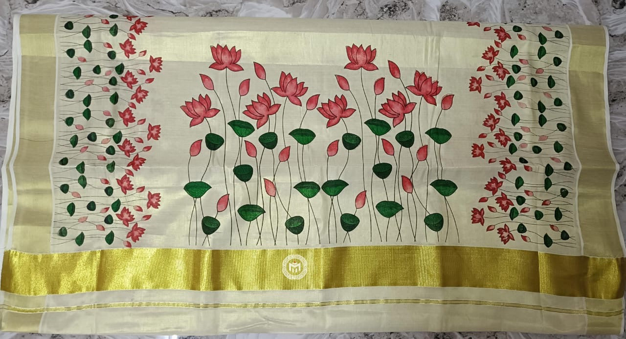 Kerala Tissue Cotton Saree with Zari Border & Water Lily Floral Print