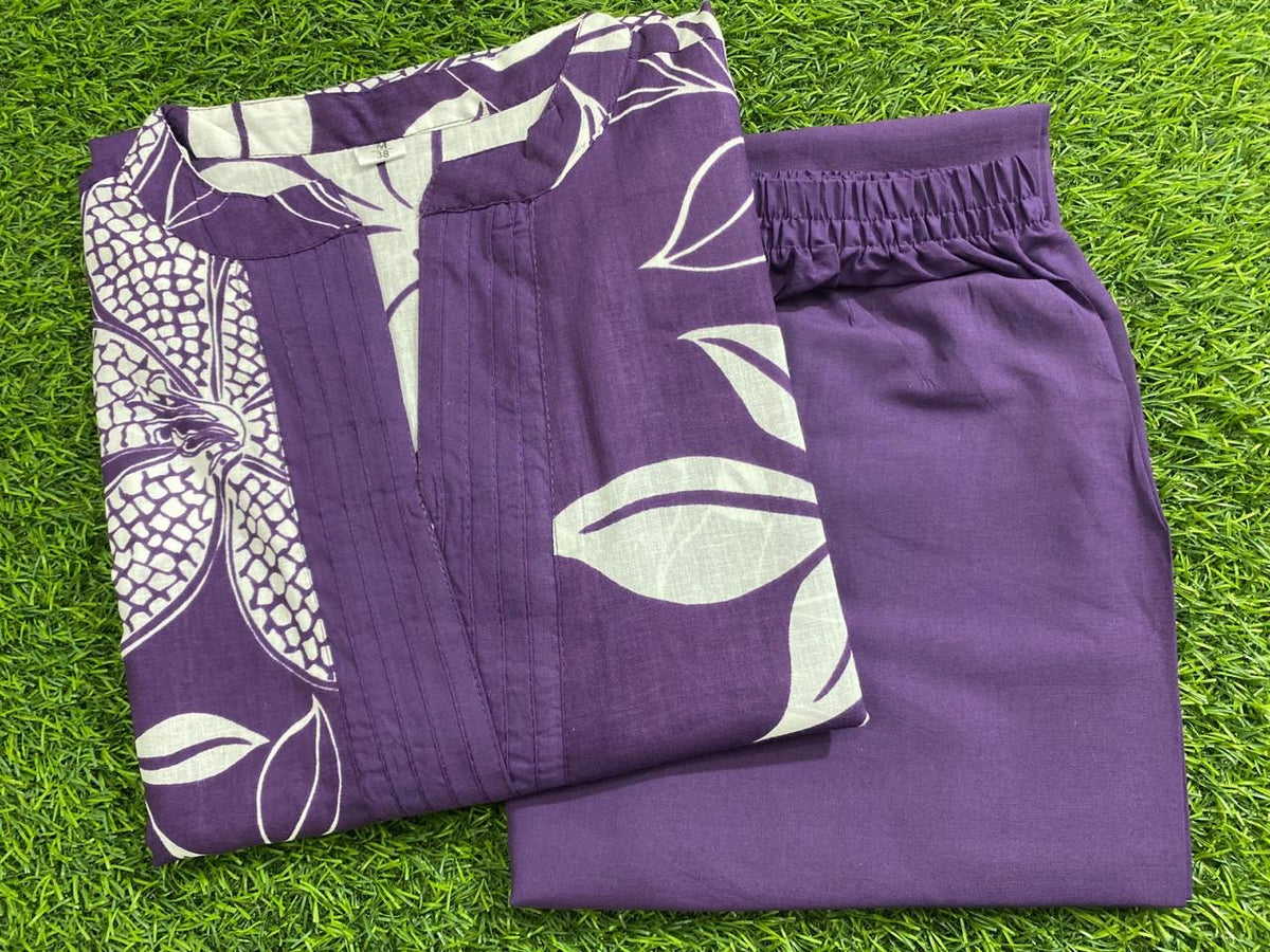 Purple & White Floral Printed  Cotton Kurti Plazoo Set