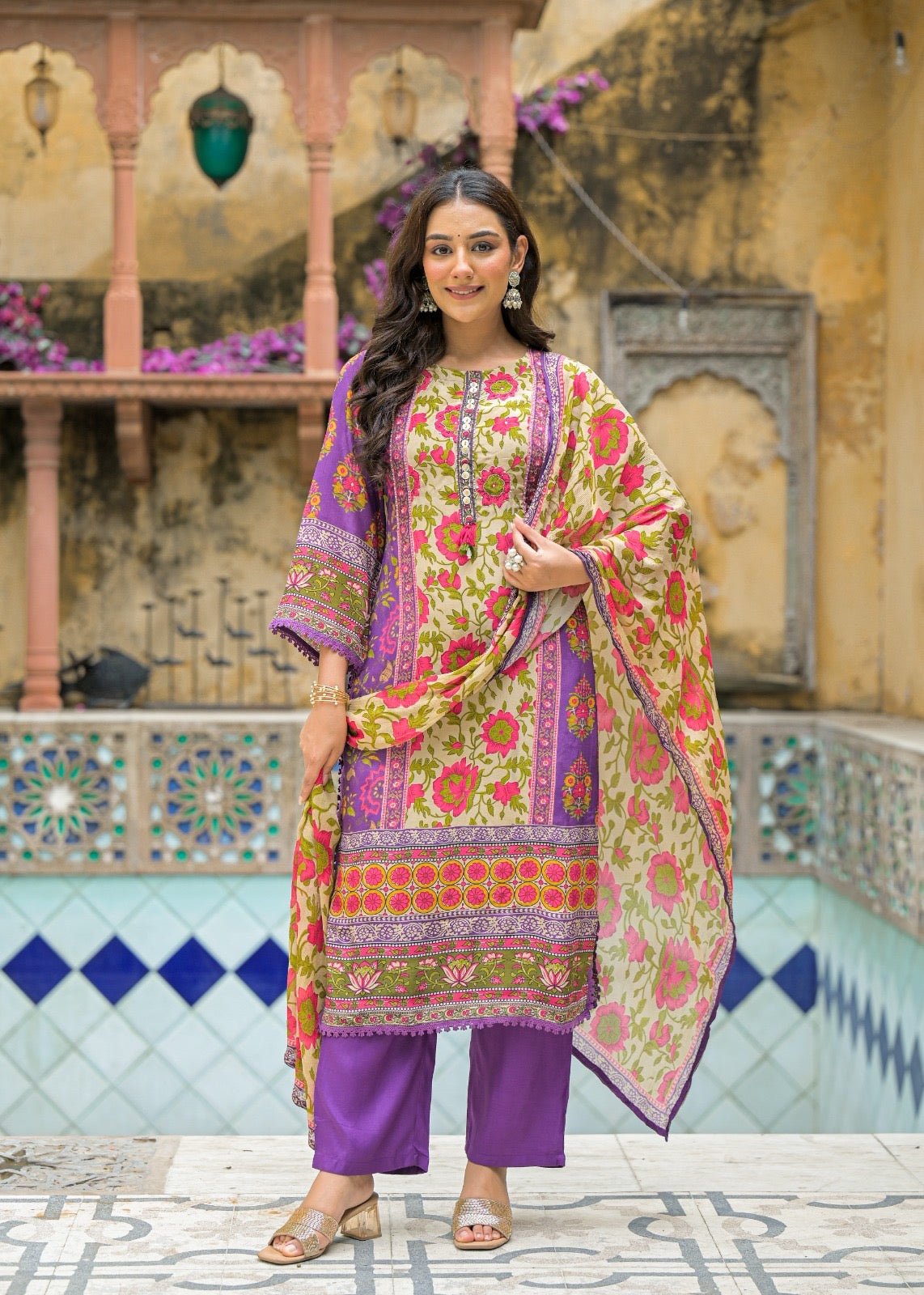 Panel Printed Pure Crepe Silk with Sequins Emroidry Kurti with Pants & Dupatta