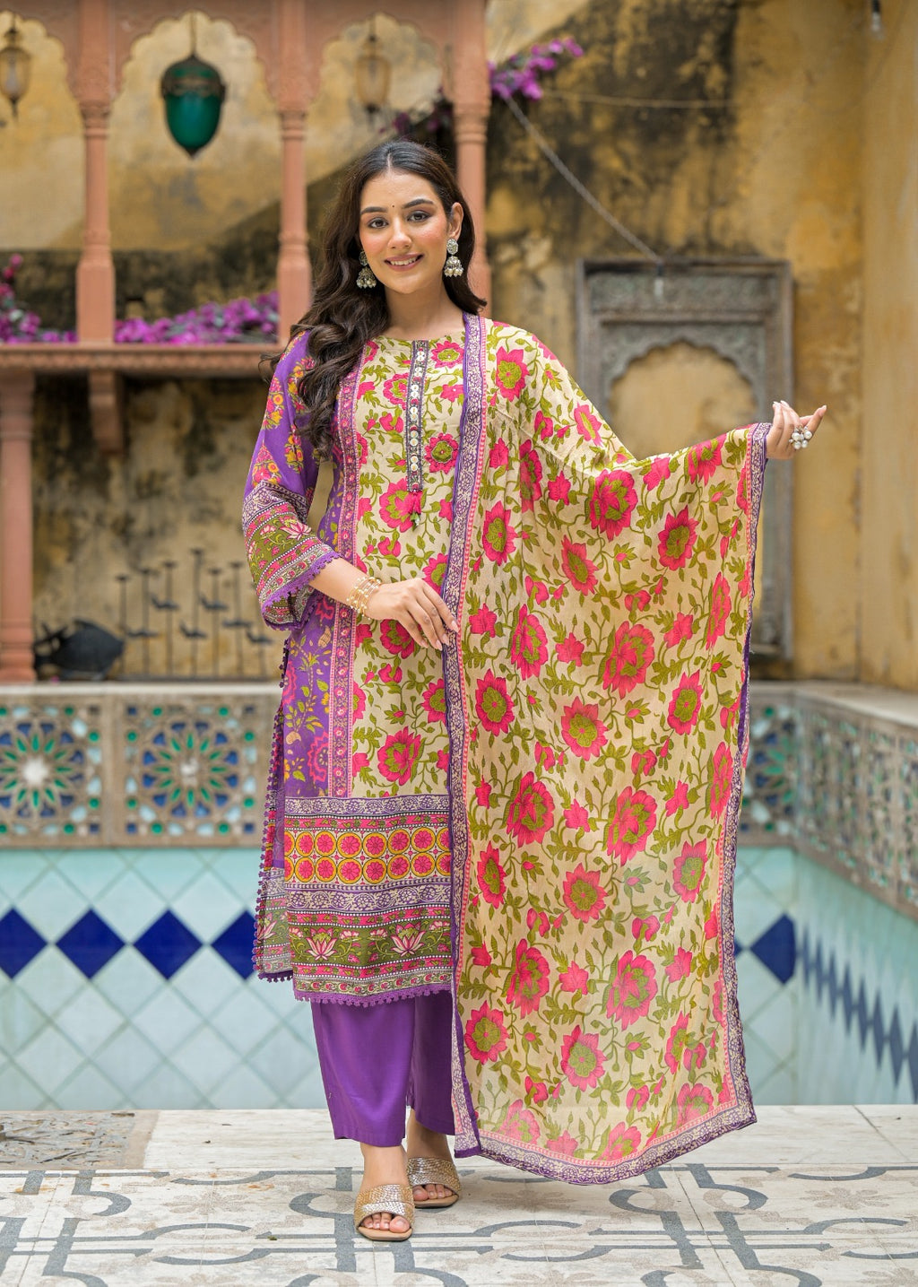 Panel Printed Pure Crepe Silk with Sequins Emroidry Kurti with Pants & Dupatta