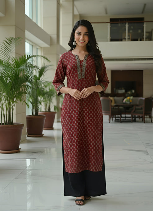 Maroon Ethnic Printed Cotton Kurti Top (Top Only)