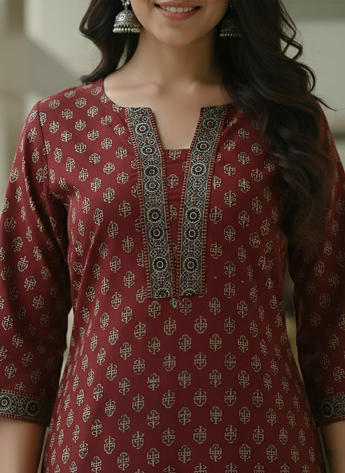 Maroon Ethnic Printed Cotton Kurti Top (Top Only)