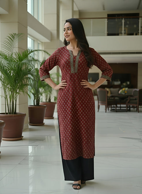 Maroon Ethnic Printed Cotton Kurti Top (Top Only)