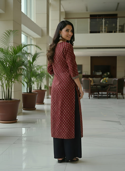 Maroon Ethnic Printed Cotton Kurti Top (Top Only)