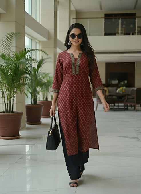 Maroon Ethnic Printed Cotton Kurti Top (Top Only)
