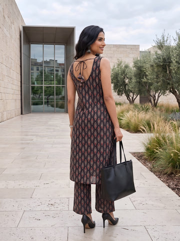 Black Ikat Printed Kantha Cotton Kurti Plazzo Set