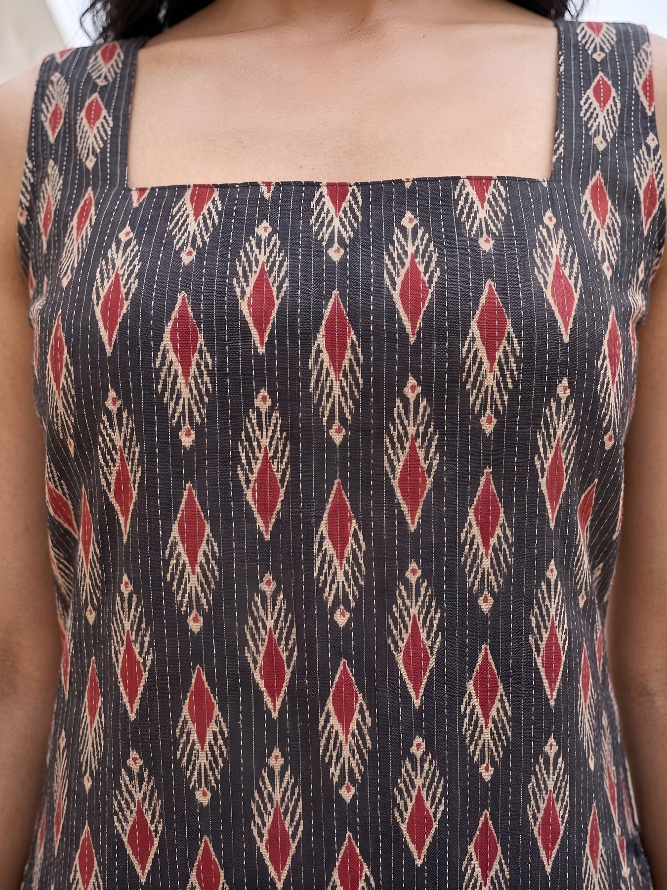 Black Ikat Printed Kantha Cotton Kurti Plazzo Set