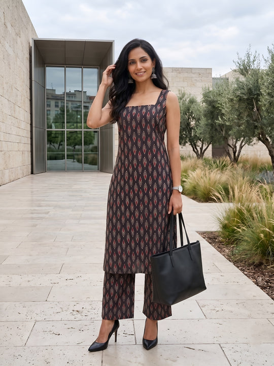 Black Ikat Printed Kantha Cotton Kurti Plazzo Set