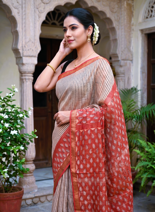 Beige & Maroon Vertical Striped Pure Maheswari Silk Saree
