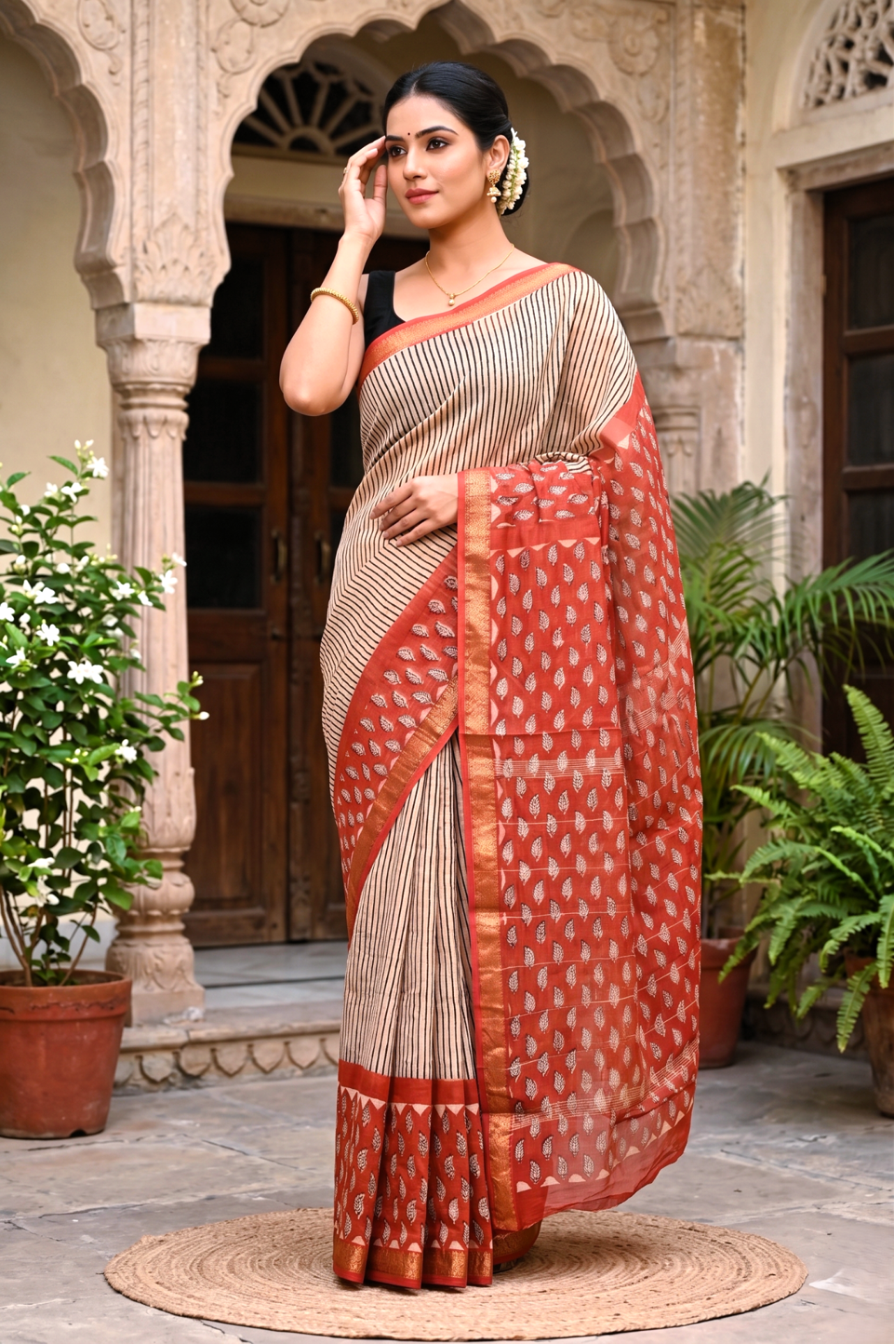 Beige & Maroon Vertical Striped Pure Maheswari Silk Saree
