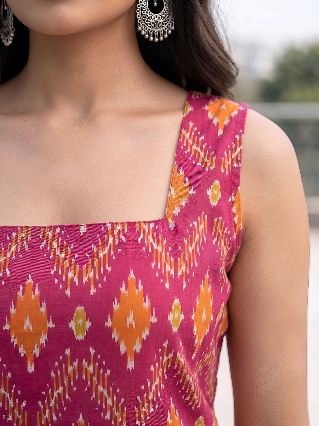 Pink Ikat Printed Soft Cotton Kurti Plazzo Set