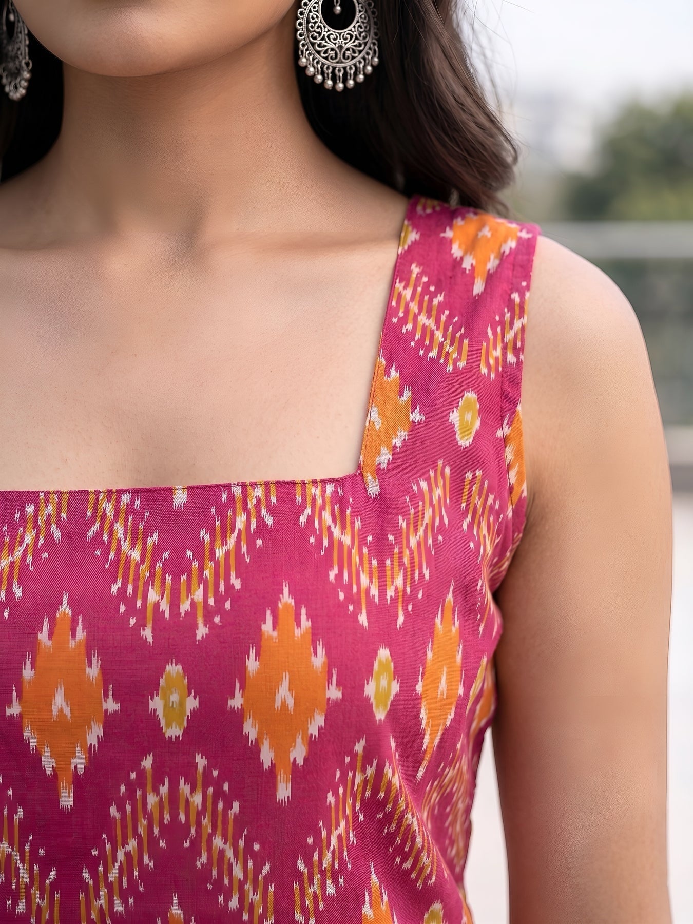 Pink Ikat Printed Soft Cotton Kurti Plazzo Set