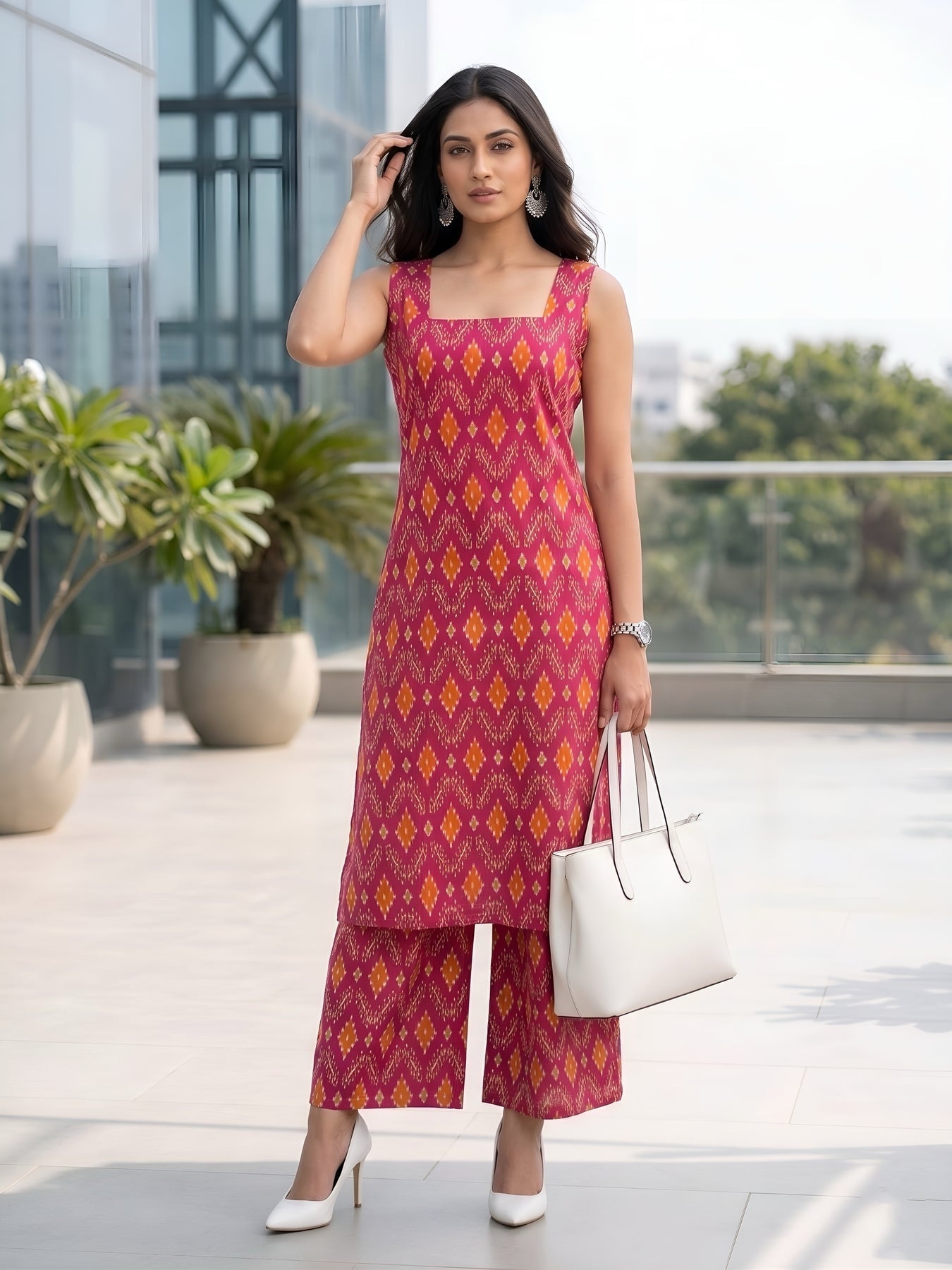 Pink Ikat Printed Soft Cotton Kurti Plazzo Set
