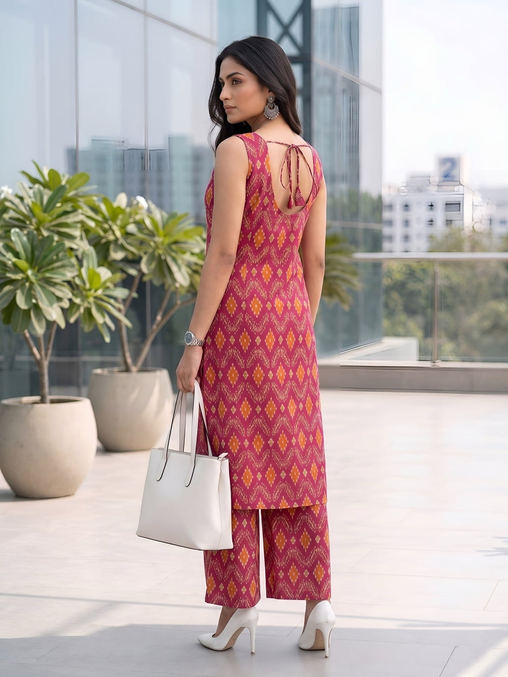 Pink Ikat Printed Soft Cotton Kurti Plazzo Set