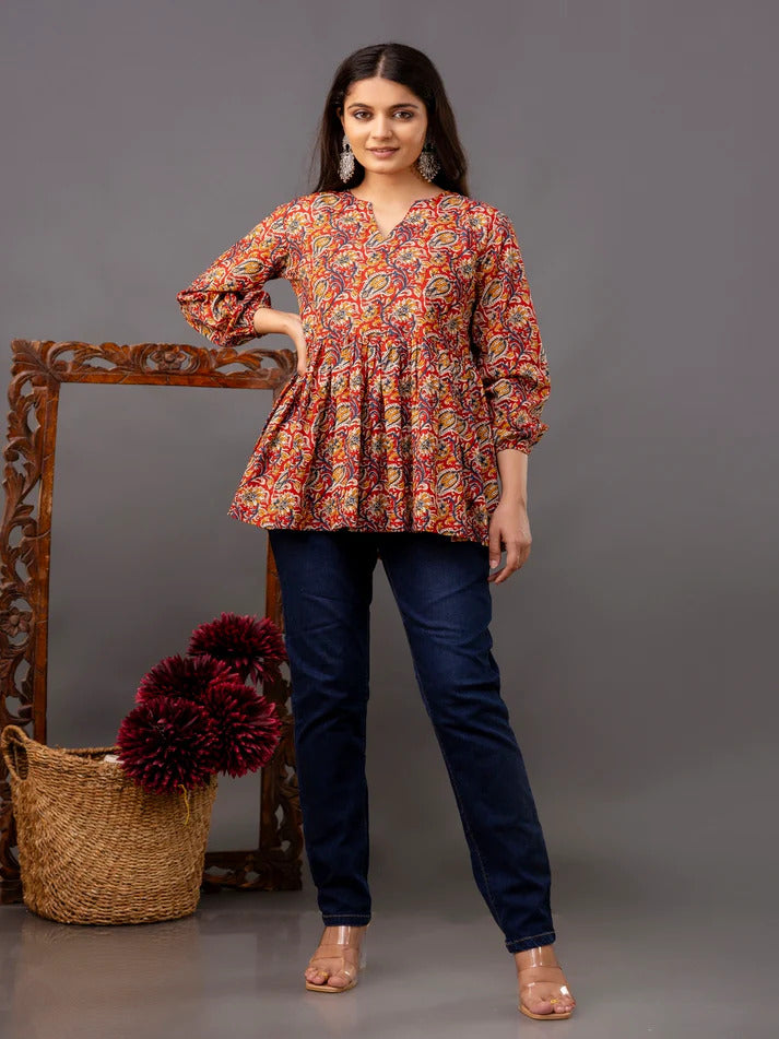 Maroon Floral Printed Cotton Peplum Top