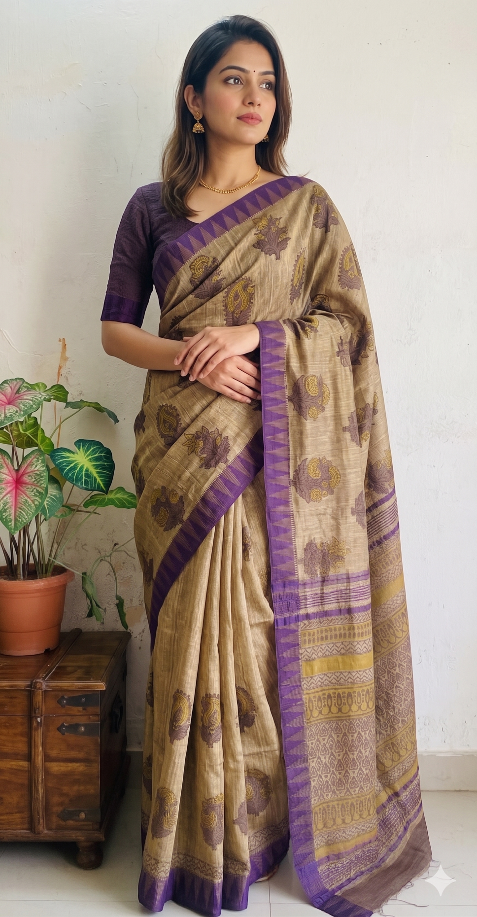 Purple & Olive Vanaspati Hand Printed Silk Cotton Saree
