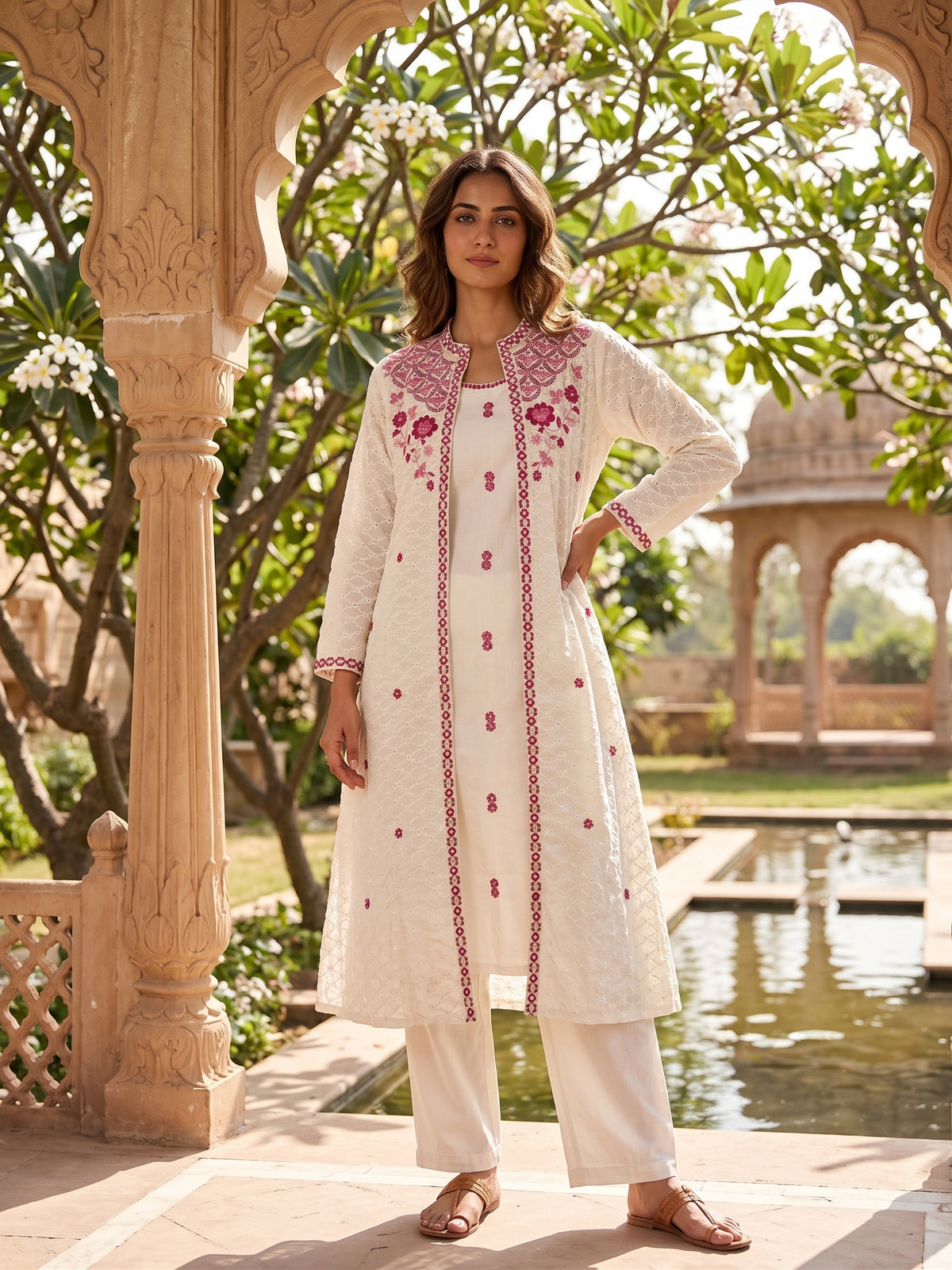 Off white Cotton Embroidered 3 Pcs Kurti Set