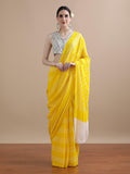 Yellow & white Hand Block Printed Mul Cotton Saree